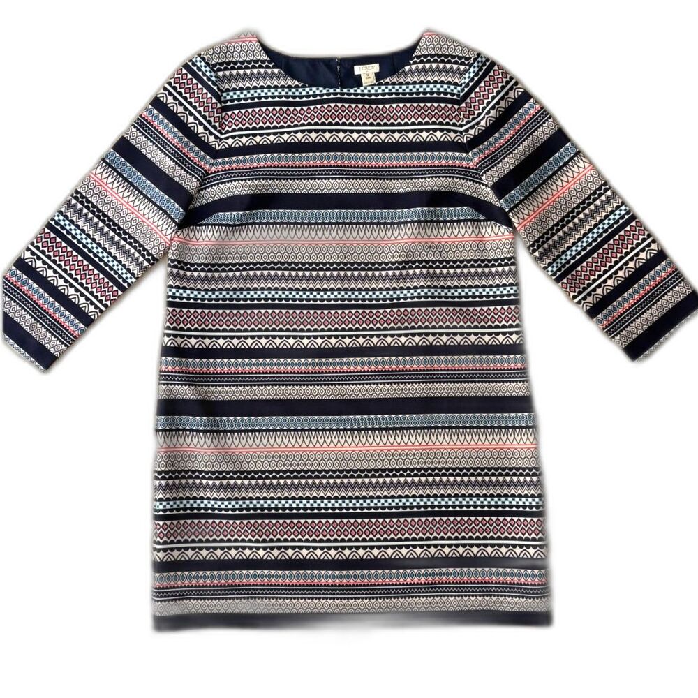 J.Crew Printed Gallery Shift Dress 12P Navy Pink Geometric Stripe Zip Back Blue - Picture 2 of 5